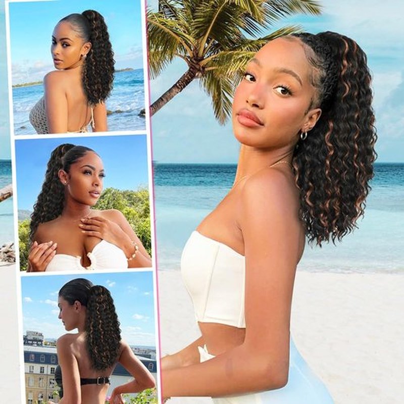 ALXNAN Wavy Curly Ponytail Extension, 18" Black With Highlights Drawstring Ponytail for Black Women Short Soft Natural Synthetic Hairpiece Thick For Daily Use