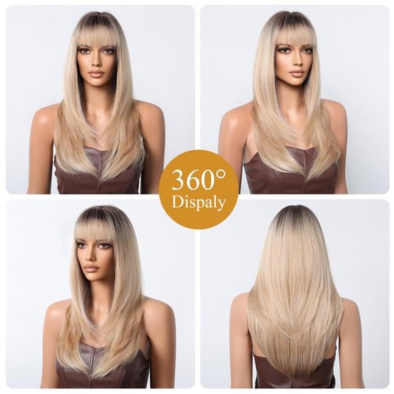 testar Long Blonde Straight Wig for Women Ombre Platinum Wigs With Bangs Synthetic Heat Resistant Wig Natural Looking For Daily Use