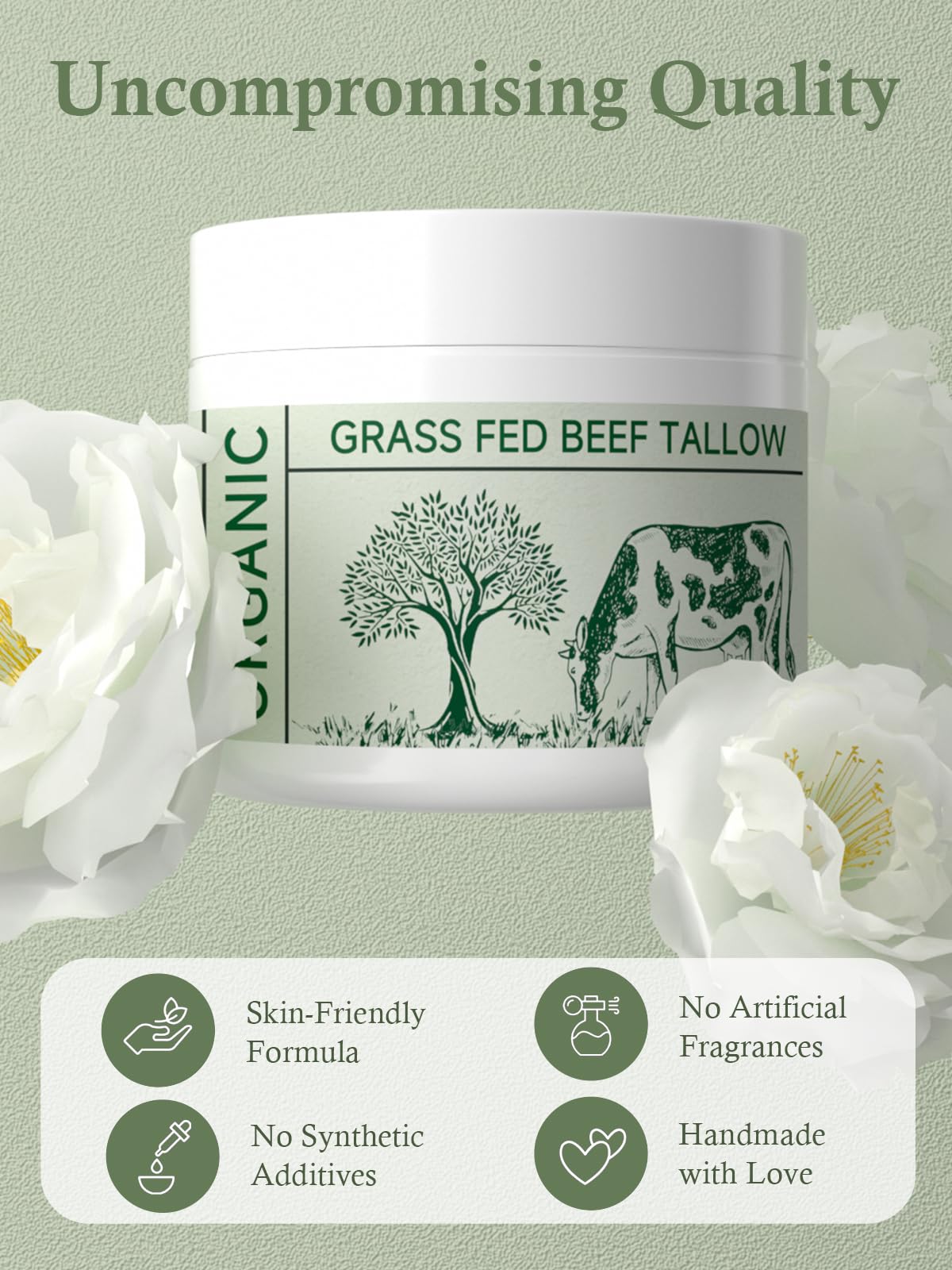 Beef Tallow, Tallow Face Moisturizer, Beef Tallow for Skin, Unscented 100% Organic Beef Tallow Blam Grass Fed Finished Whipped Tallow Face Cream Moisturizer Body Lotion Skin Care for Sensitive Skin