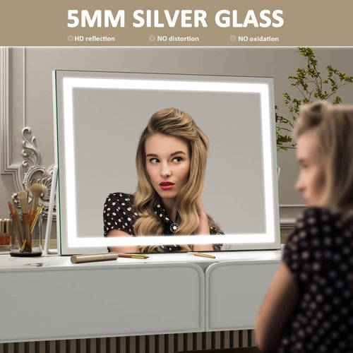 Gvnkvn Ligheted Vanity Mirror with Lights, 14" x 12" LED Makeup Mirror, 3 Modes Light, Smart Touch Control Dimmable, 360°Rotation, Rectangle White Frame