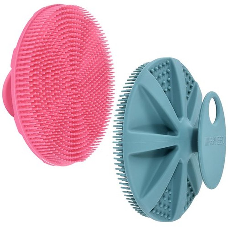 INNERNEED Food-Grade Soft Silicone Body Scrubber Shower Brush Handheld Cleansing Skin Brush, Gentle Exfoliating and Lather Well (Dark Green+Pink)