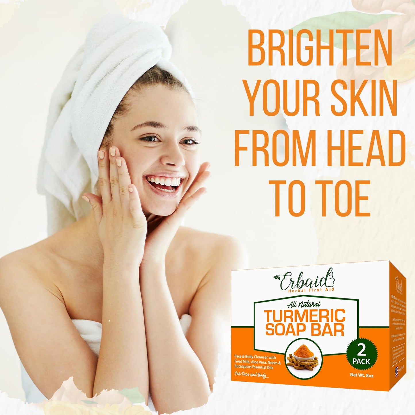 Erbaid Natural Turmeric Soap Bar for Face & Body – Turmeric Skin Brightening Soap Wash for Dark Spots, Intimate Areas, Underarms – Reduces Acne, Fades Scars & Cleanses Skin (4 Ounce (Pack of 2))