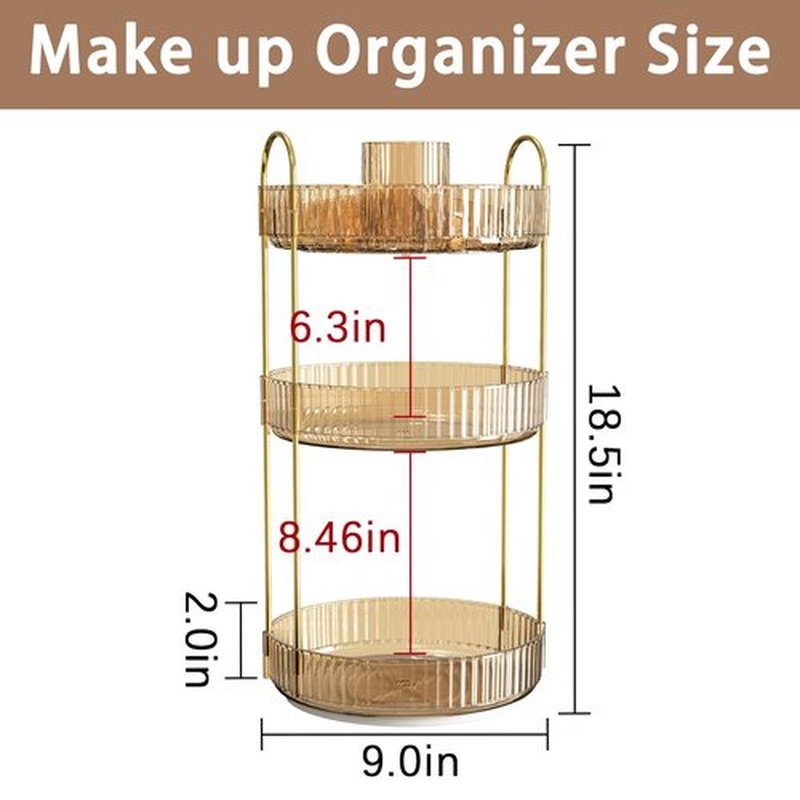 shuang qing 360° Rotating Makeup Organizer, High-Capacity Bathroom Countertop Vanity Organizers, 3 Tier Spinning Skincare Storage, for Perfume/Cosmetic/Makeup Brushes/Lotion（Gold）