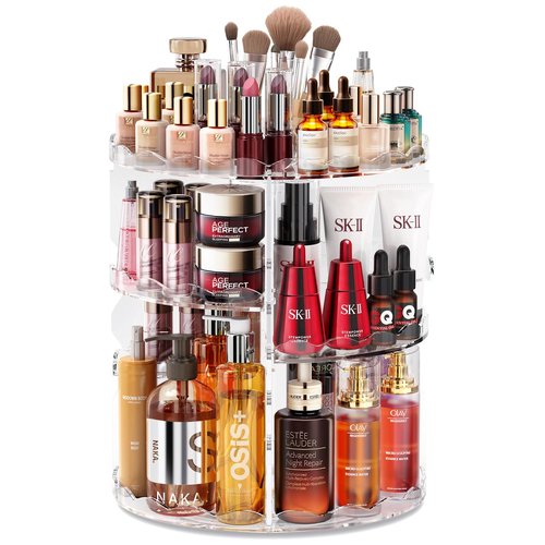 Auxmir Rotating Makeup Organizer, DIY 5 Adjustable Layers Spinning Skincare Organizer, Cosmetic Organizer with Brush Holder Perfume Tray, Multi-Function Storage Carousel for Vanity Bathroom Countertop