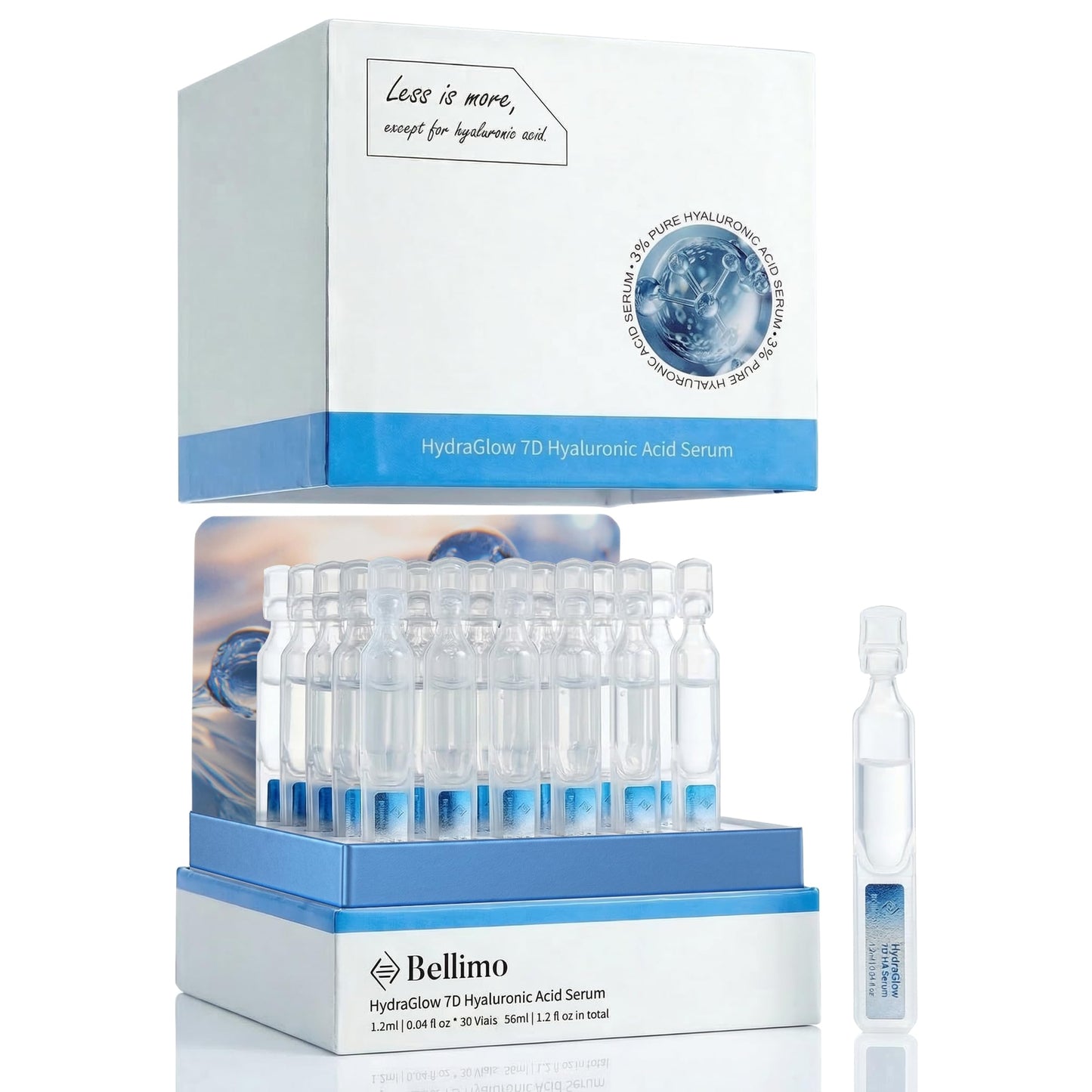 3% Hyaluronic Acid Serum for Face with 7D Multi-Layer Hydration, Ultra Hydrating Face Serum Anti-Aging Facial Moisturizer for Dry & Sensitive Skin Pre-Makeup Skincare Single-Use Vials 1.2ml x 30pcs