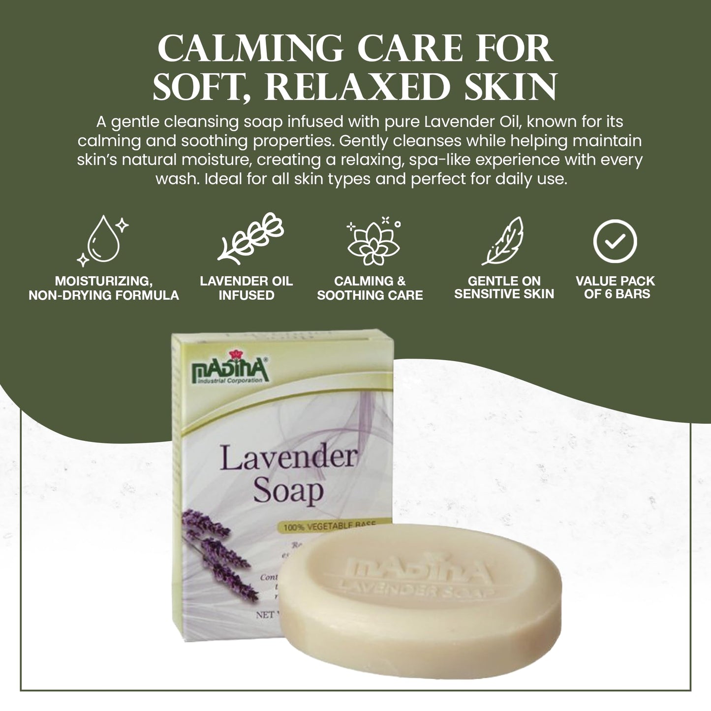 Madina Lavender Soap Bar – Natural Lavender Oil, Calming Scent, Moisturizing Cleanser, Gentle for All Skin Types, Aromatherapy Bath Soap, Daily Use, 3.5 oz Each (6 Pack)