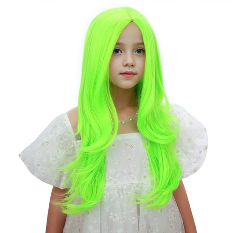 Edivd Neon Green Wig for Kids Girls Long Green Ombre Middle Part Wig Children Light Green Wavy Curly Wig Heat Resistant Synthetic Wig with Wig Cap
