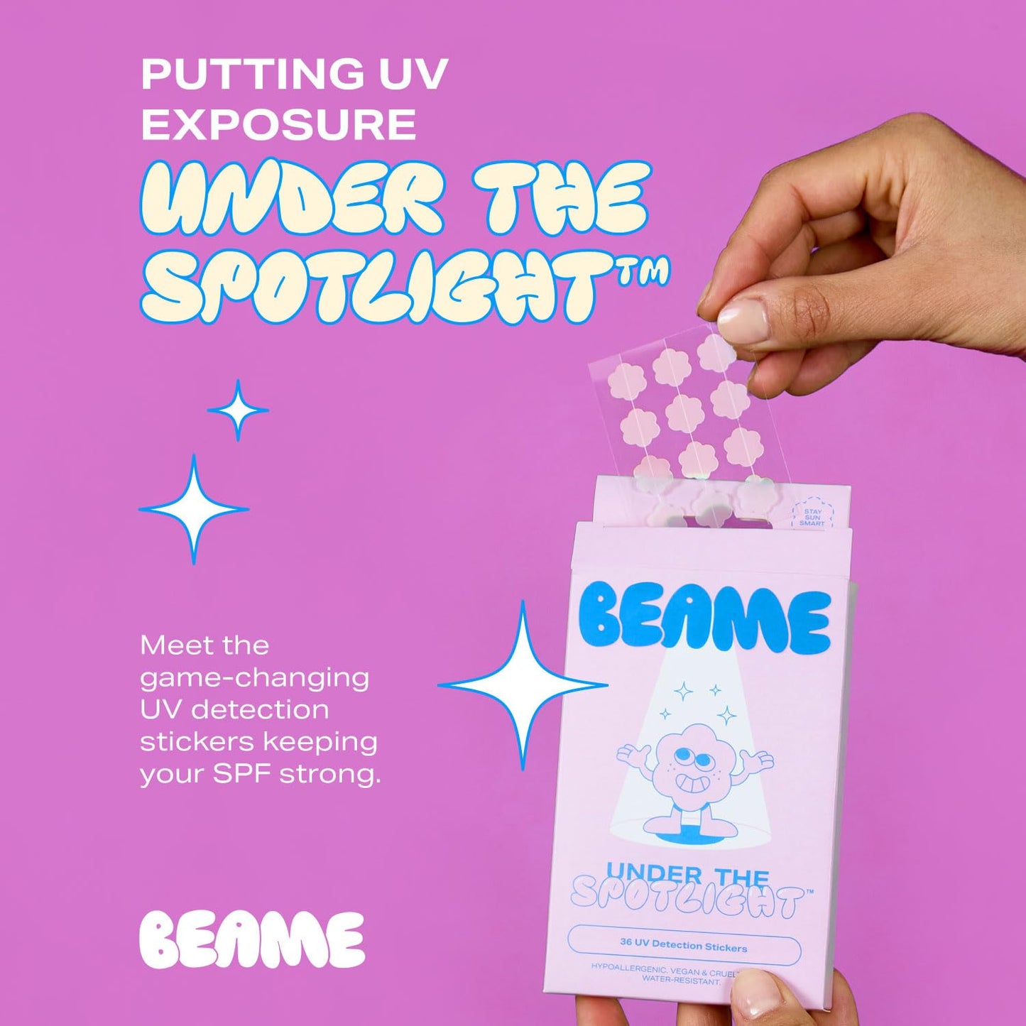 Under The Spotlight™ UV Detection Stickers - Sun Smart Tech That Shows When To Reapply - SPF & UV-Sensing - Water-Resistant & Skin-Safe - Vegan & Cruelty-Free - 36 Stickers, 12mm