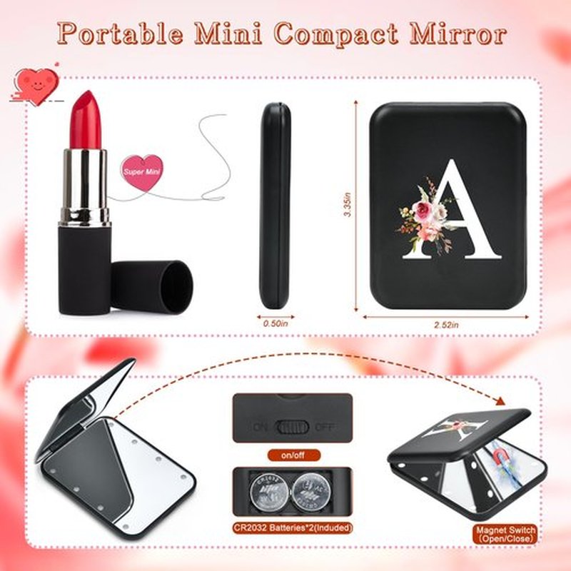 Personalized Gifts for Women Initial compact mirror with Light,Preppy Stuff LED mirror 1X/3X magnifying mirror,Travel mirror,Mini Makeup mirror,Folding Pocket Mirror for Girls Women Bridesmaid Gifts