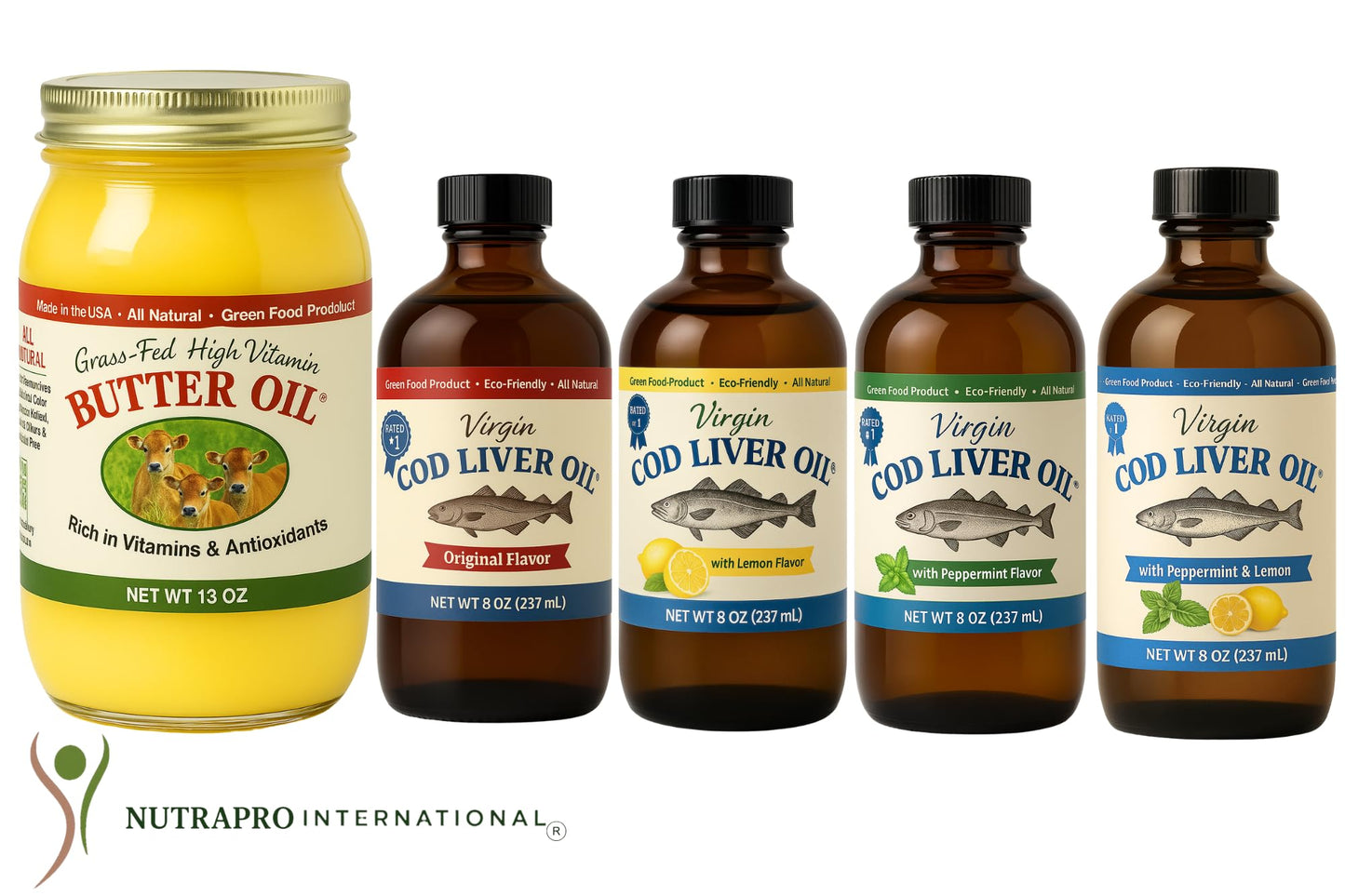 High Vitamin Butter Oil, (13 Oz) & Virgin Cod Liver Oil, High in Vitamin D, Omega 3 DHA/EPA (8 Oz; Mild Lemon & Peppermint Flavor)