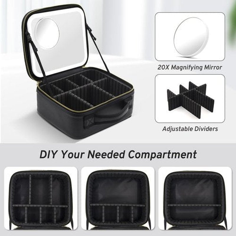 Makeup Bag with Magnetic Detachable Lighted Mirror 360° Swivel Angle, Travel Makeup Bag with Lights Portable Makeup Case Organizer with Mirror, Partition Cosmetic Bag Tools Accessories Train Case Gift