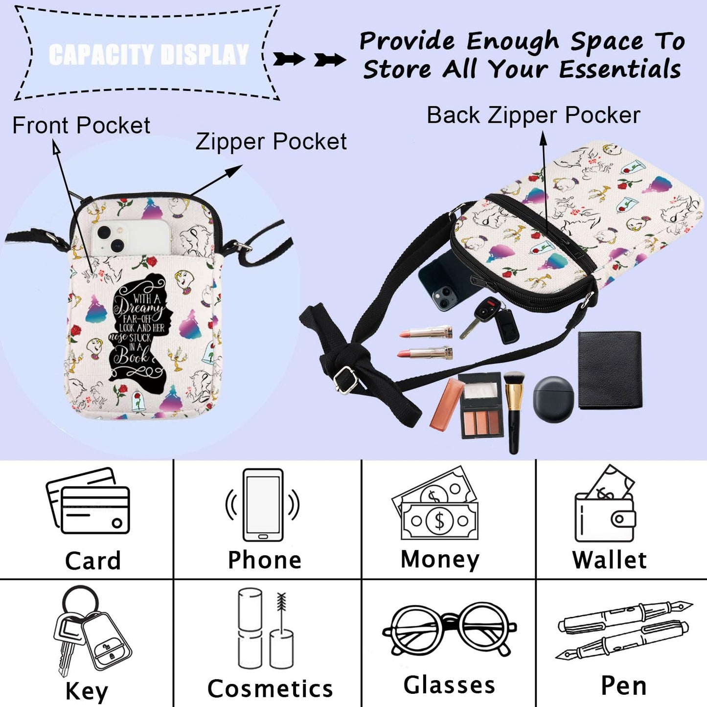 ENSIANTH Beauty Inspired Crossbody Bag Belle Princess Gift Fairytale Lover Gift A Tale as Old as Time Belle Fan Messenger Bag (dreamy CB)