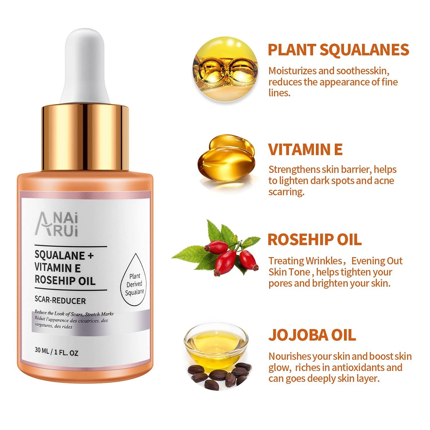 ANAI RUI Squalane Oil Set-Vitamin E Rosehip Oil +Vitamin C Turmeric Oil +Retinol Jojoba Oil for face,Moisturize Fine Lines &Wrinkle,Softer Skin