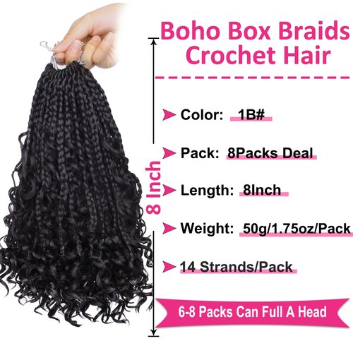 Unionbeauty 8 Packs Boho Box Braids Crochet Hair 8 Inch Bohemian Hippie Box Braids for Kids Goddess Box Braids Crochet Braids with Curly Ends Synthetic Braiding Hair Extension for Black Woman 1B#