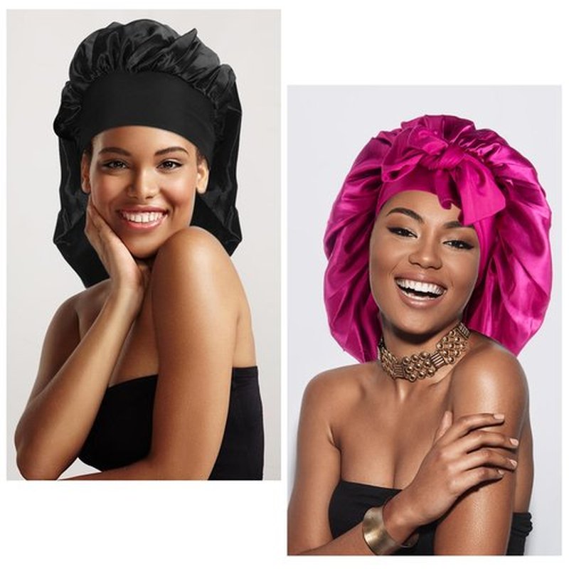 Arqumi Pack of 2 Satin Sleeping Bonnet, Large Satin Sleep Bonnet with Long Strap, Adjustable Sleep Cap Hair Bonnet for Women & Men, Black+Rosy