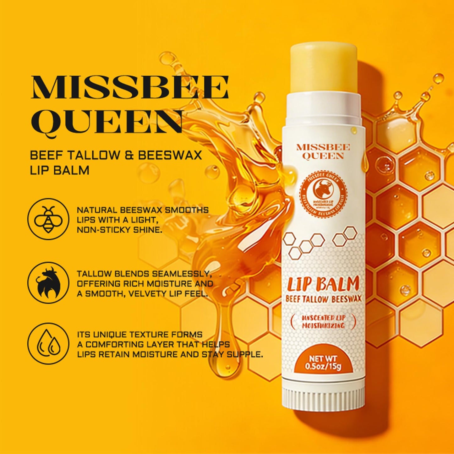Beef Tallow Lip Balm with Original Beeswax | Dual-layer Hydrating Moisturizing for Dry Lips | Smooths Texture | Delivers Softness & Enhances Natural Shine | Unscented | 2PC (0.5 oz / 15g / 1pc)