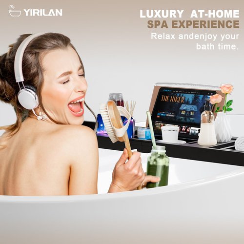 Yirilan Foldable Bathtub Caddy, Expandable Bath Tray, Unique House Warming Gifts, New Home, Anniversary and Wedding Gifts for Couple, Black
