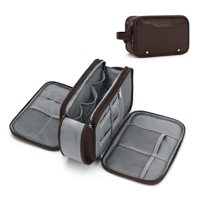 Wedama Toiletry Bag for Men, Medium Hanging Travel Toiletry Bag, Extra Electronic Organizer Bag Waterproof Travel Bag for Toiletries, PU Handle Travel Bag for Travel Trips Swim Camping, Brown