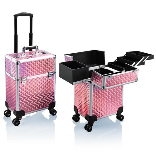 Stagiant Rolling Makeup Train Case Large Cosmetic Suitcase Trolley Makeup Luggage Storage Box 4 Tray with Sliding Rail Removable Middle Layer Swivel Wheels Salon Barber Case Traveling Cart Trunk