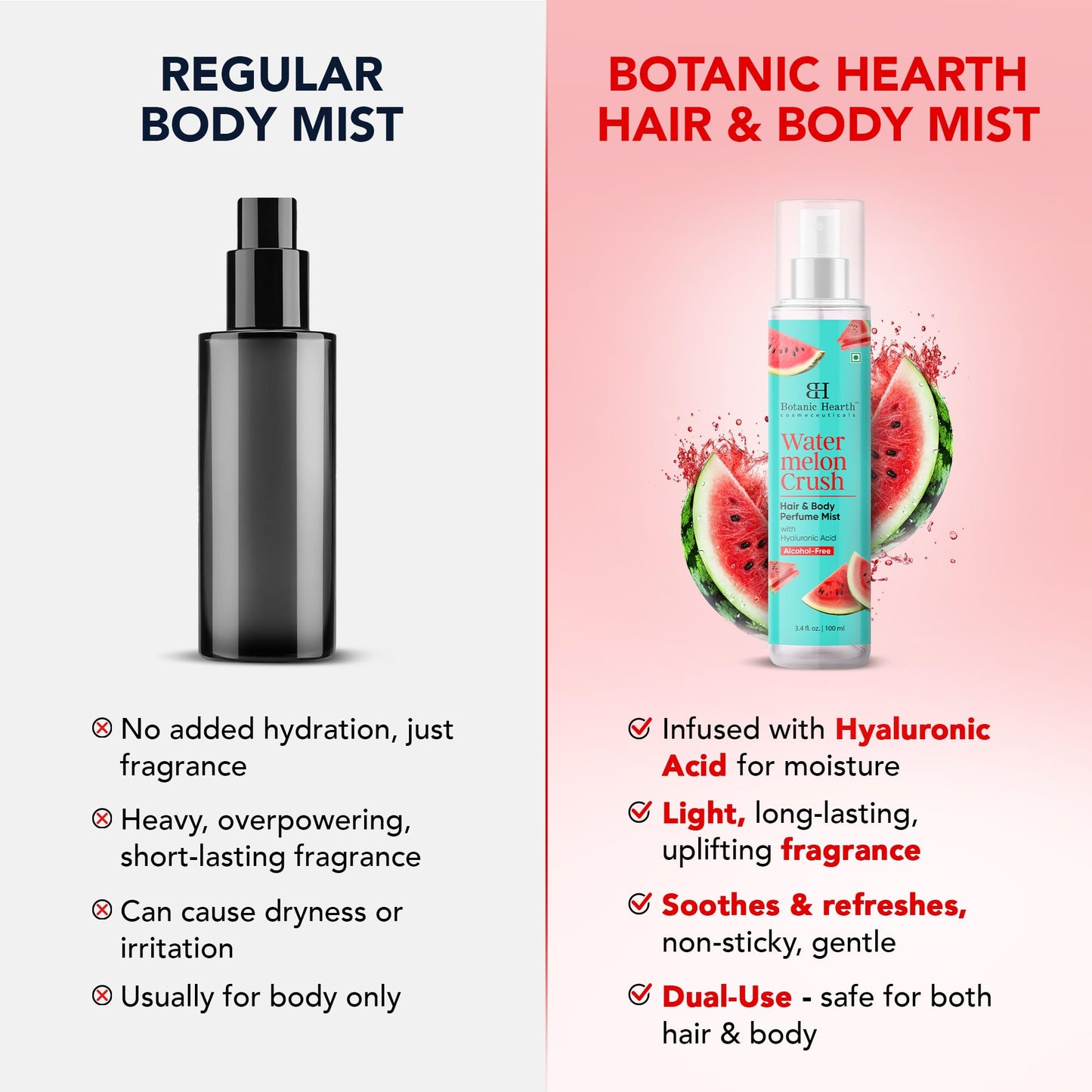 Botanic Hearth Watermelon Hair Perfume & Body Mist, Long-Lasting Hair Deodorizer & Body Scent for Women & Men, Alcohol-Free Clean Fragrance Hair Spray For Everyday Wear, All Day Freshness, 3.4 Fl Oz