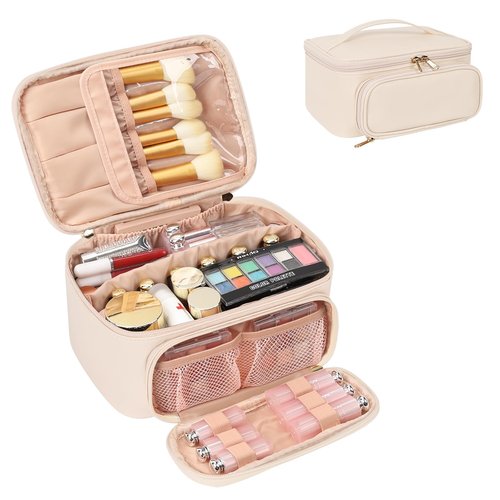 OCHEAL Makeup Bag, Multifunctional Make Up Bags Large Compact Makeup Bag Organizer Cosmetics Toiletry Brushes Storage Case for Women Girls Makeup Case with Handle Divider-Beige