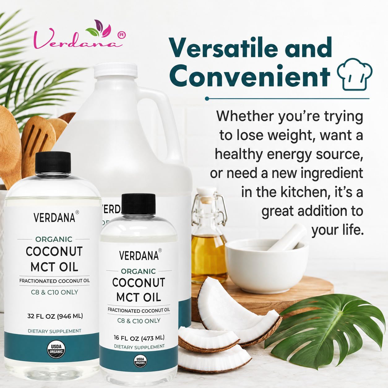 Verdana USDA Organic Coconut MCT Oil, 32 fl oz, Food Grade, C8 & C10 Only, Non-GMO, Kosher, Keto & Paleo Friendly, No Palm Kernel Oil