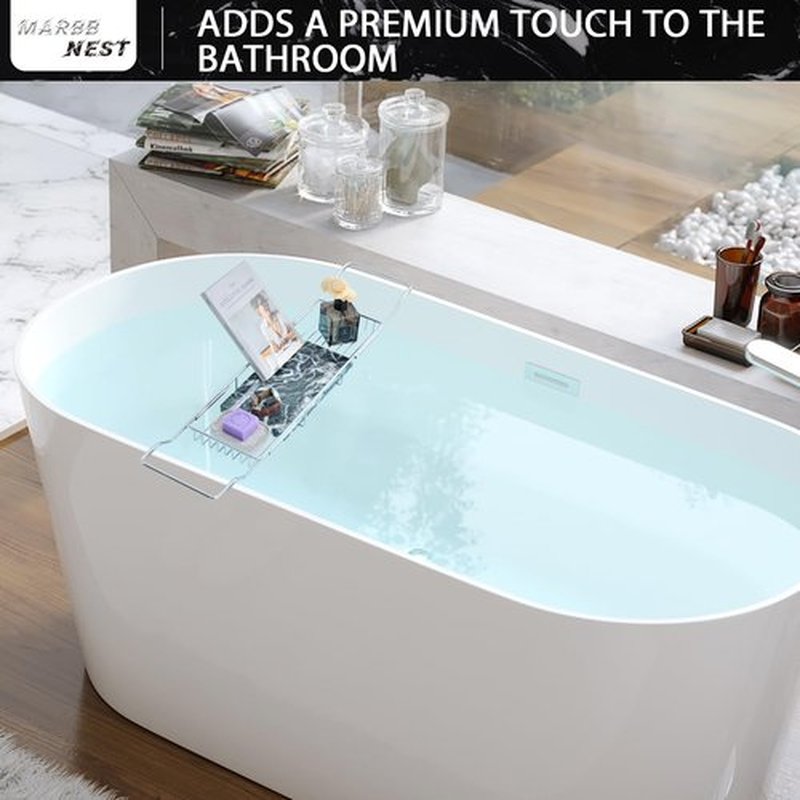 MARBBNEST Bathtub Tray Caddy for Luxury Bath Expandable Extra Wide Bath Tub Tray with Natural Marble Tray and Mobile/Tablet Stand, Ideal for Home Spa Lovers(Chrome + Large Flower Green)