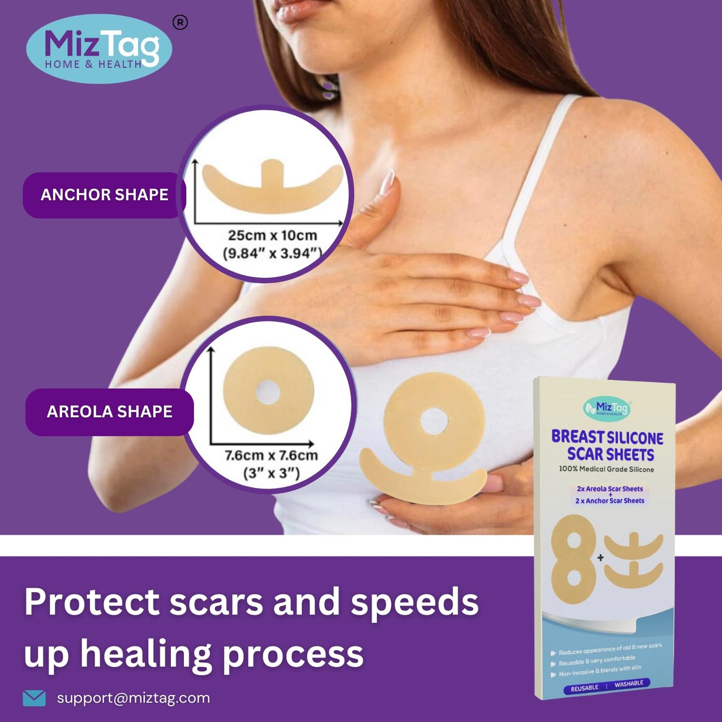 Silicone Scar Sheets for Combined Breast Lift + Augmentation Recovery | 4-Piece Areola & Anchor Kit by Miztag | Mommy Makeover & Mastopexy Post-Op Scar Treatment | Medical-Grade Reusable