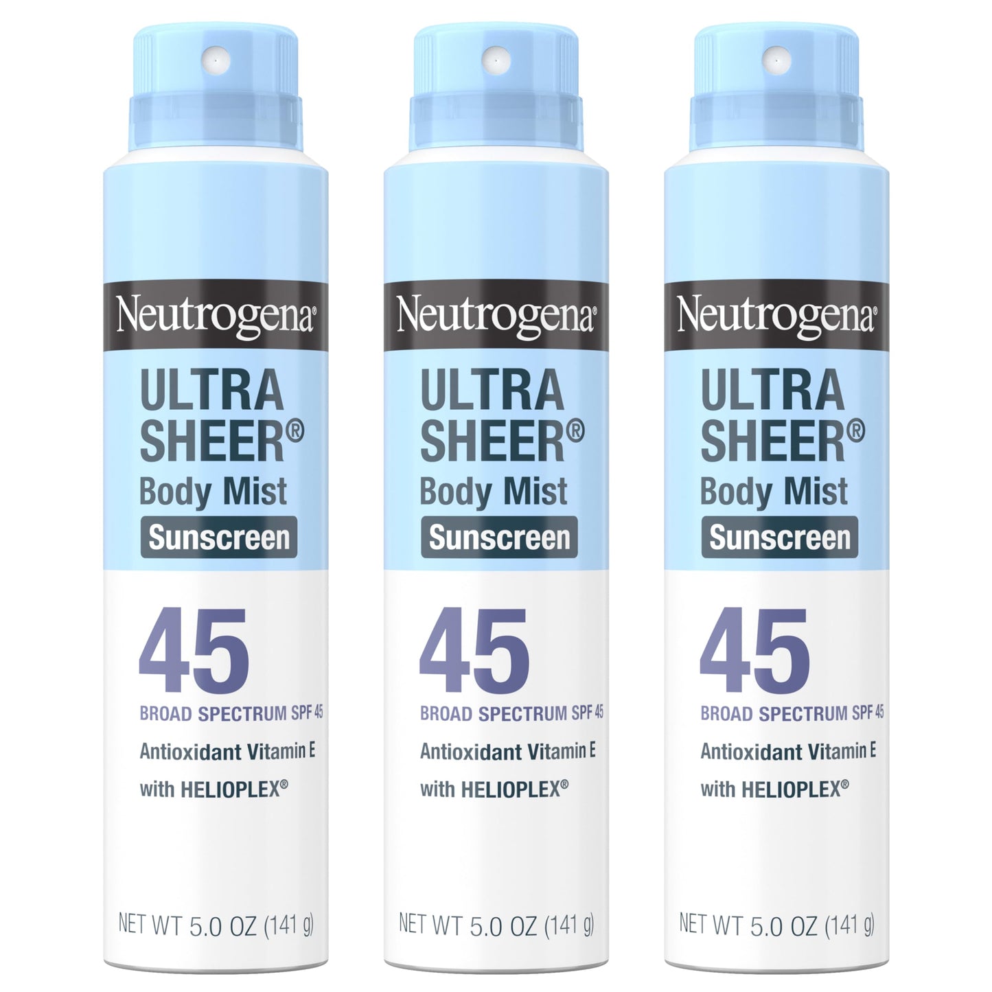Neutrogena Ultra Sheer Sunscreen Spray SPF 45 Body Mist, Lightweight Non-Greasy Broad Spectrum UVA/UVB Protection, Non-Comedogenic Water Resistant Spray Sunscreen (80 min), Pack of 3, 5 oz