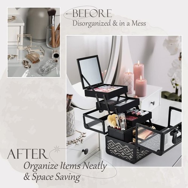 Joligrace Makeup Box 10 Inch Cosmetic Train Case with Clear Acrylic Shell Jewelry Organizer with 3 Tiers Trays, Mirror and Brush Holder Lockable Portable Travel Cosmetic Display Case Black Geometry