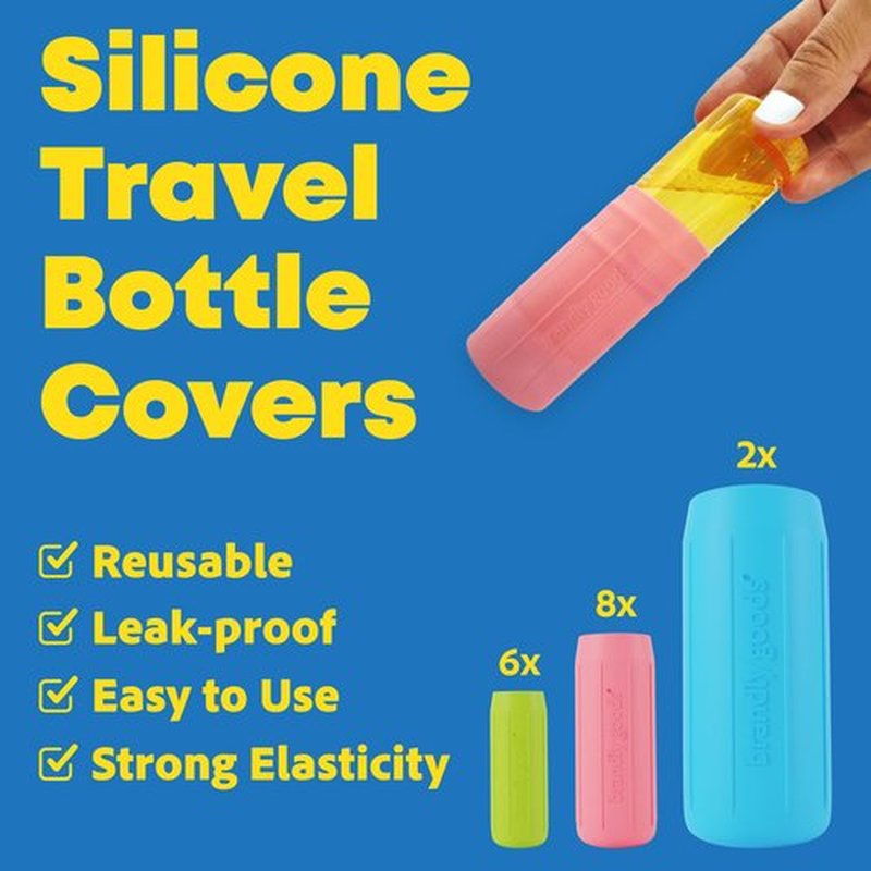 Brandly Goods Multi-Size Silicone Bottle Covers for Travel – Leak-Proof Stretchable Sleeves & Safety Clip Locks, Silicone Covers for Travel Toiletries, Bottle Covers for Traveling Essentials