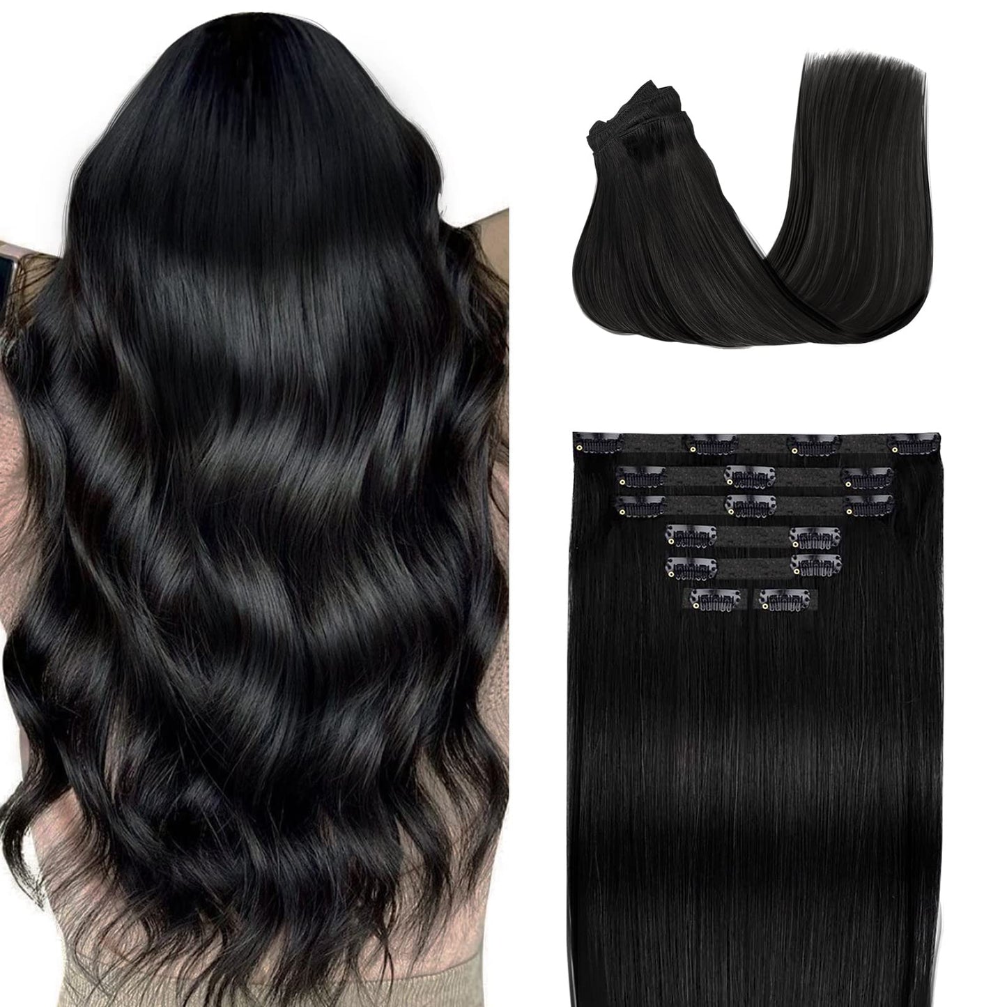 Fimislosion 16" Clip in Real Human Hair Extensions with Double Weft, 7pcs with 16clips,120 Gram(#1B Natural Black)