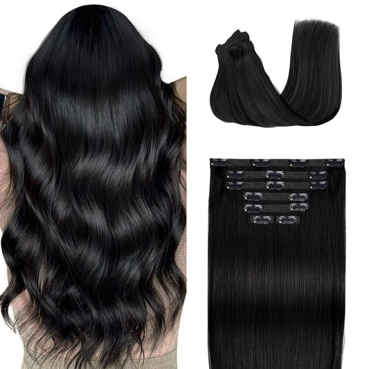 Fimislosion 16" Clip in Real Human Hair Extensions with Double Weft, 7pcs with 16clips,120 Gram(#1B Natural Black)