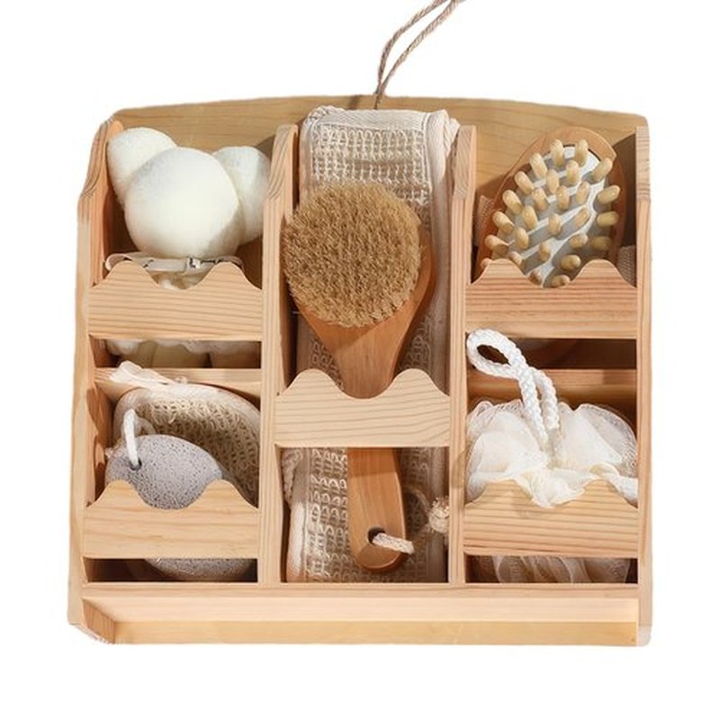 7Pcs Bath Exfoliating Brush Set in Round Wooden Box Hair Brush, Wood Roller Massager Scrubber Stone Shower Brush Nylon Glove with Storage Basin, Shower Spa Basket Gift Set for Women Men (Wood)
