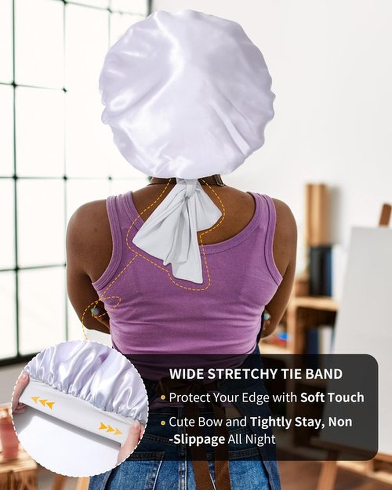Satin Bonnet for Women Silk Bonnets for Sleeping Curly Hair Bonnet with Elastic Tie Band Reversible Double Layer Sleep Cap Hair Wrap (Pink + Grey)