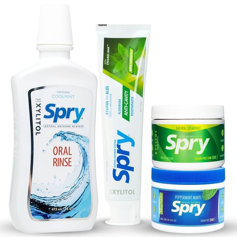 Spry Total Dental Health Kit, All Day Oral Care and Gum Health Kit Including Spry Xylitol Sugar Free Gum, Xylitol Sugar Free Candy Mints, Xylitol Oral Rinse and Spearmint Toothpaste with Xylitol