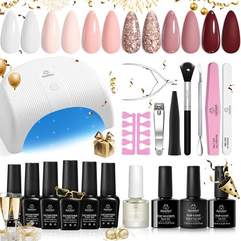 Beetles Gel Nail Polish Kit with Uv Light Starter Kit 6 Colors Soft Pink Nude White Gel with Base Gel Top Coat Cuticle Oils Nail Accessories for Girls Women Glitter Gel Polish Set Gift for Her