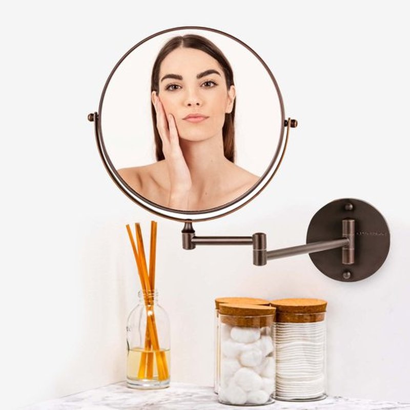 OVENTE 9" Wall Mounted Makeup Mirror with 1X/10X Magnification, Double Sided Magnifying Round Bathroom Vanity Mirror, 360° Swivel Design, Extendable and Folding Arm, Antique Bronze MNLFW90ABZ1X10X