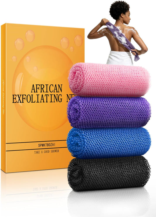 African Exfoliating Net Sponge - 4 Pack Authentic Body & Back Scrubber | Extra Long Bath Cloth for Smooth Skin