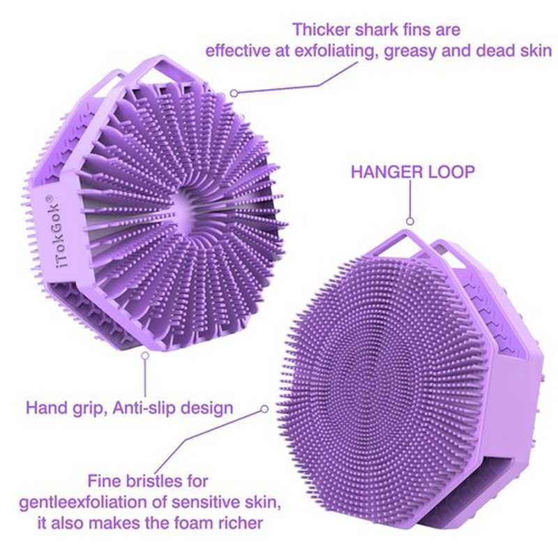 iTokGoK® Silver-Infused 2-in-1 Silicone Body Scrubber, Double-Sided Design Body Brush Silicone Body Scrubber Exfoliating Body Brushes for All Skin for Showering, Lathers Well - Purple