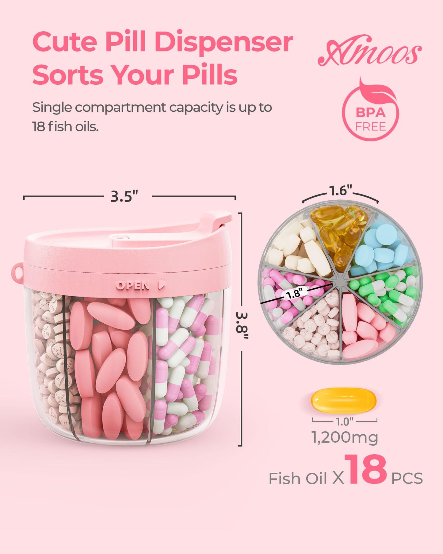 AMOOS Cute Pill Dispenser with Anti-Mix Design, 7-Slot, BPA-Free, Patented