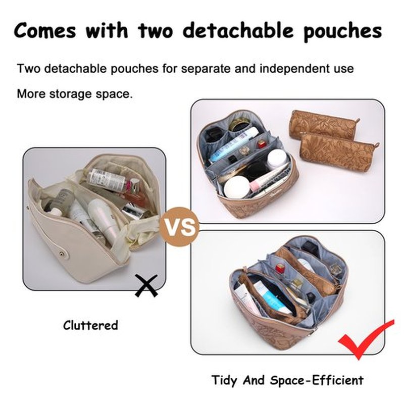 Travel Makeup Bags Cosmetic Organizer Bag: 3-Set Large Capacity Make up Bag - PU Leather Toiletry Bag for Women - Wide Open Portable Pouch with Divider & Handle (01-Z-Brown)