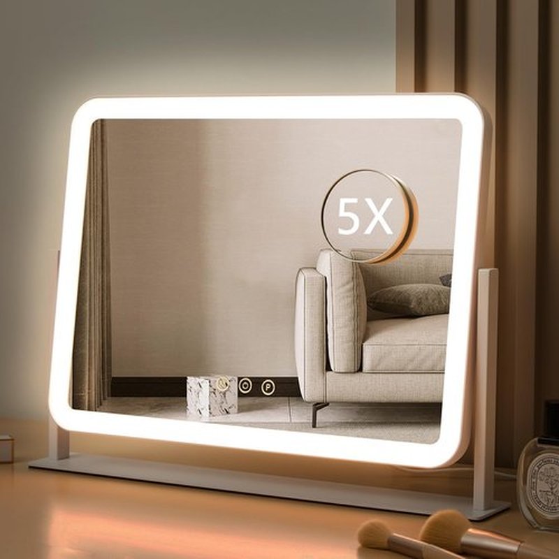 HIEEY Vanity Mirror with Lights, Lighted Makeup Mirror, Three Color Lighting Modes, and 5X Magnification Mirror, Smart Touch Control, 360°Rotation (15.7" x 11.8". White,Gift Box)