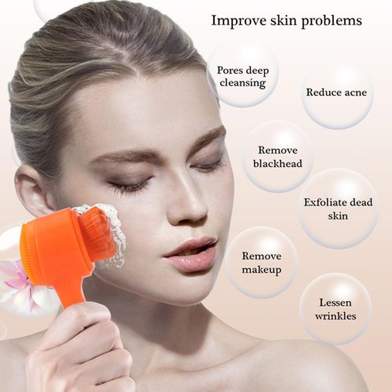 Beomeen Face Brush 2 in 1, Silicone Facial Cleansing Exfoliating Brush Soft Bristles Pore Deep Cleansing Manual Dual Face Wash Scrub Brush for Massaging, Makeup Skincare Removal, Fluorescent Orange