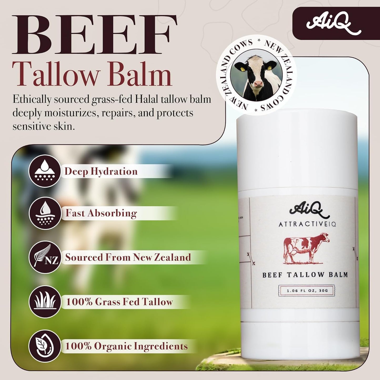 AttractiveIQ Beef Tallow for Skin – Grass-Fed Tallow Balm Stick Moisturizer with Raw Honey, Vitamin E & Olive Oil – Natural Face & Body Moisturizer for Dry, Sensitive Skin (1.06 oz)