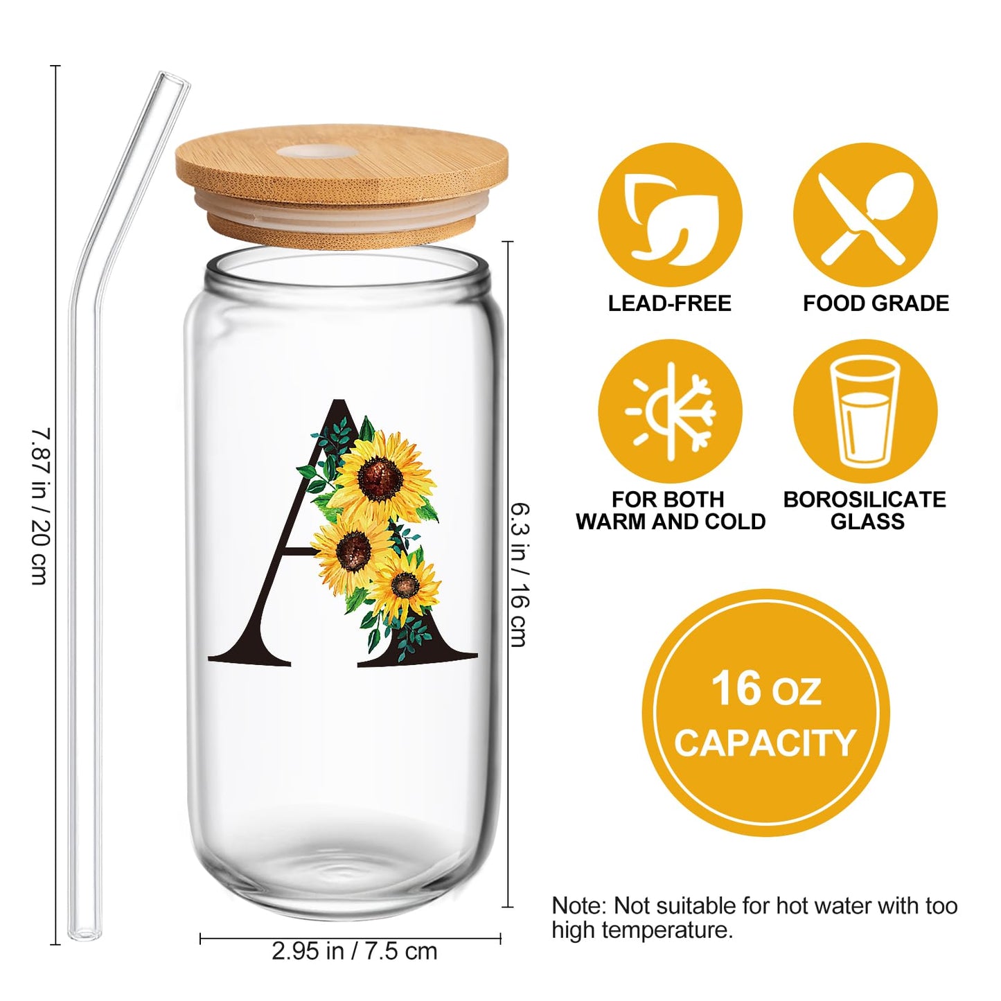 Frerdui Birthday Gifts for Women, Initial Glass Cups w Lids and Straws, Sunflower Gifts for Women, Personalized Gift, 16oz Glass Tumbler Cups W/Straw Lid, Monogrammed Mothers Day Gift for Her Mom - A