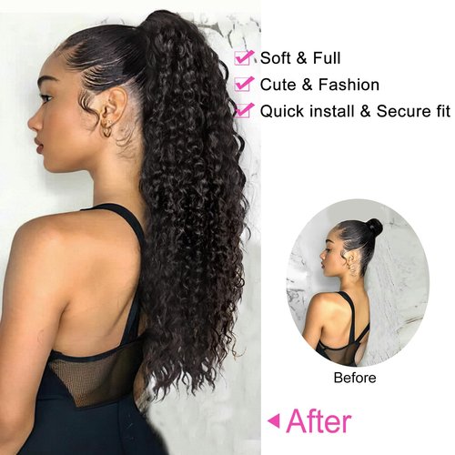 QGZ Curly Ponytail Extension,Drawstring Ponytail for Black Women 26 Inch Synthetic Long Afro Curly Fluffy Ponytail Hairpiece for Daily Use(T1B/30)