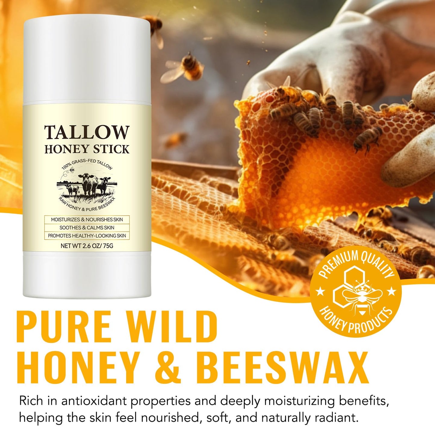 Honey Tallow Balm - 100% Grass-fed Tallow | Beef Tallow Face Cream Rich in Natural vitamins A, D, E, K, Omega Fatty Acids | Tallow Honey Balm with Shea Butter&Olive Oil | Beef Tallow Face Cream - 75G