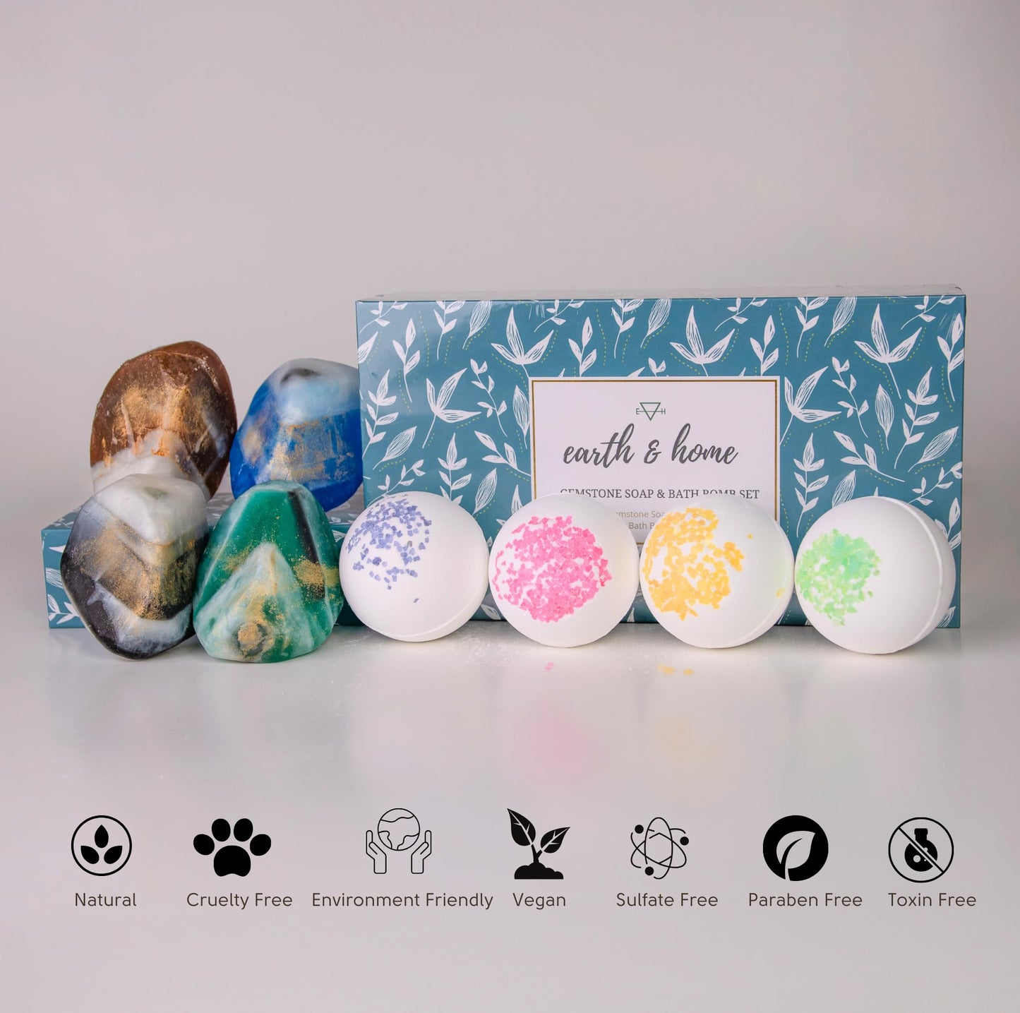 Gemstone Soap & Bath Bomb Gift Set- Relaxing Spa Gift Set for Women- 4 Rock Soap with Crystals and 4 Fizzy Bath Bomb-Decorative Scented Crystal Soap with Natural Ingredients & Essential Oil