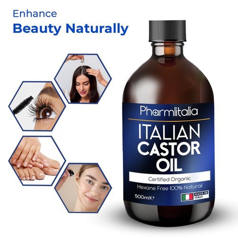Pharmlitalia Organic Castor Oil Organic Cold Pressed Unrefined - Hexane free Golden Castor Oil for face, hairs, Eyelashes, Skin care and Nails - aceite de castor organico puro - 500ml